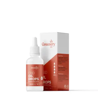 Flasche und Schachtel mit Broad Spectrum Greenery 420 4000 mg CBD-Kosmetiköl in roter Farbe
